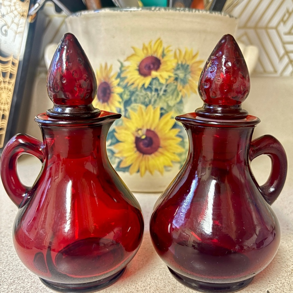 AVON VINTAGE RUBY RED MILK GLASS CRUET SET